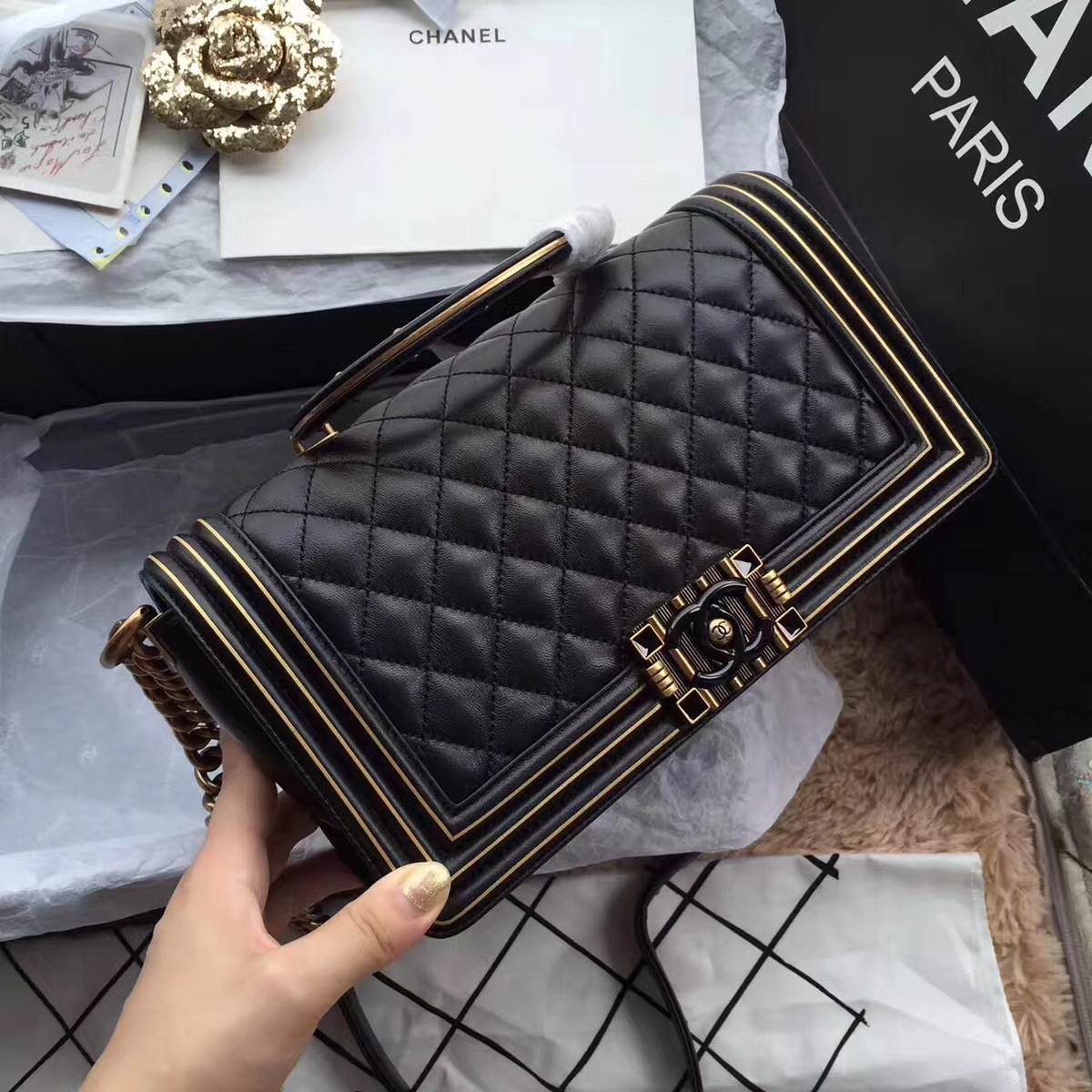 Ch**el Boy Bag with Black 25cm