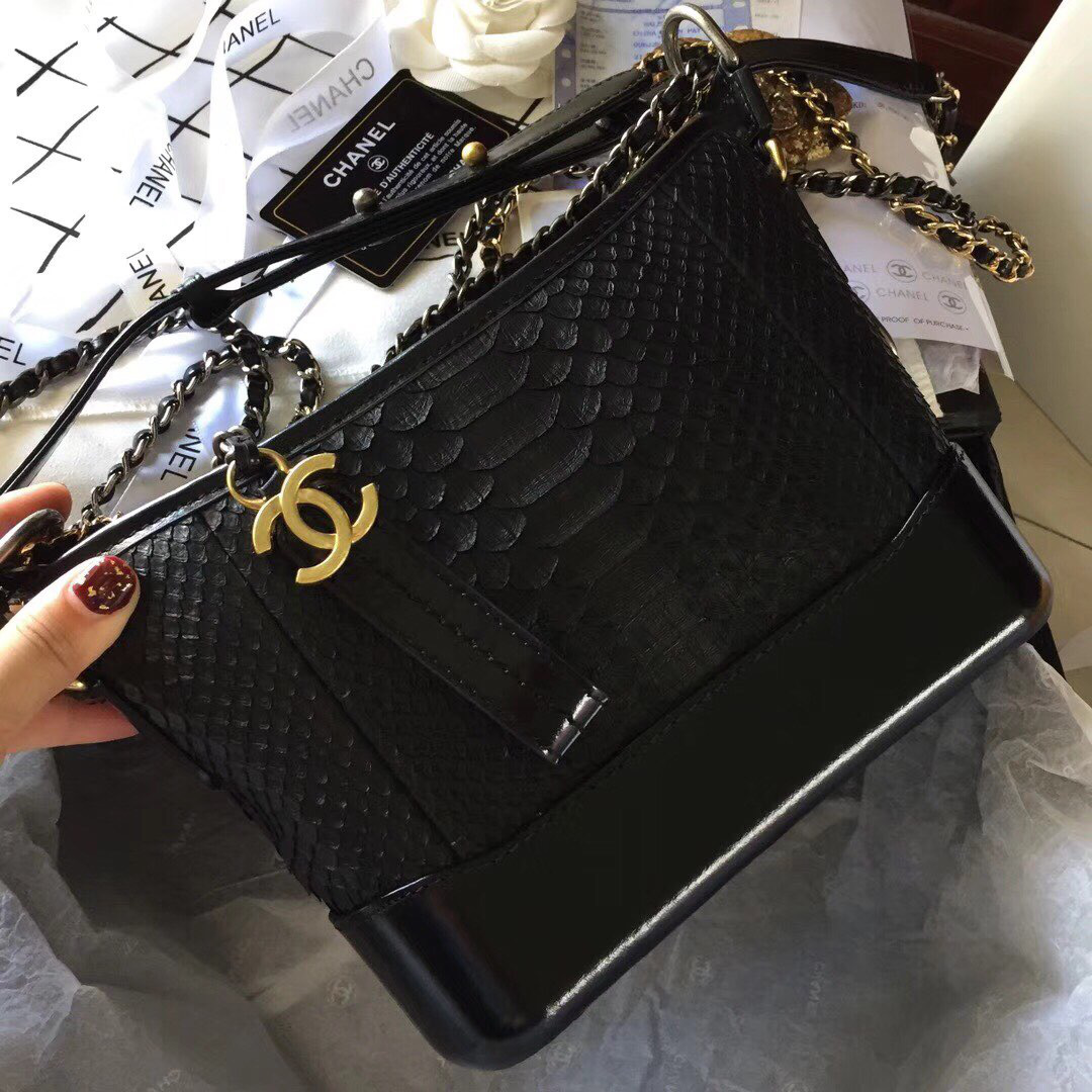 Ch**el Gabrielle Snakeskin small hobo bag Black 20cm