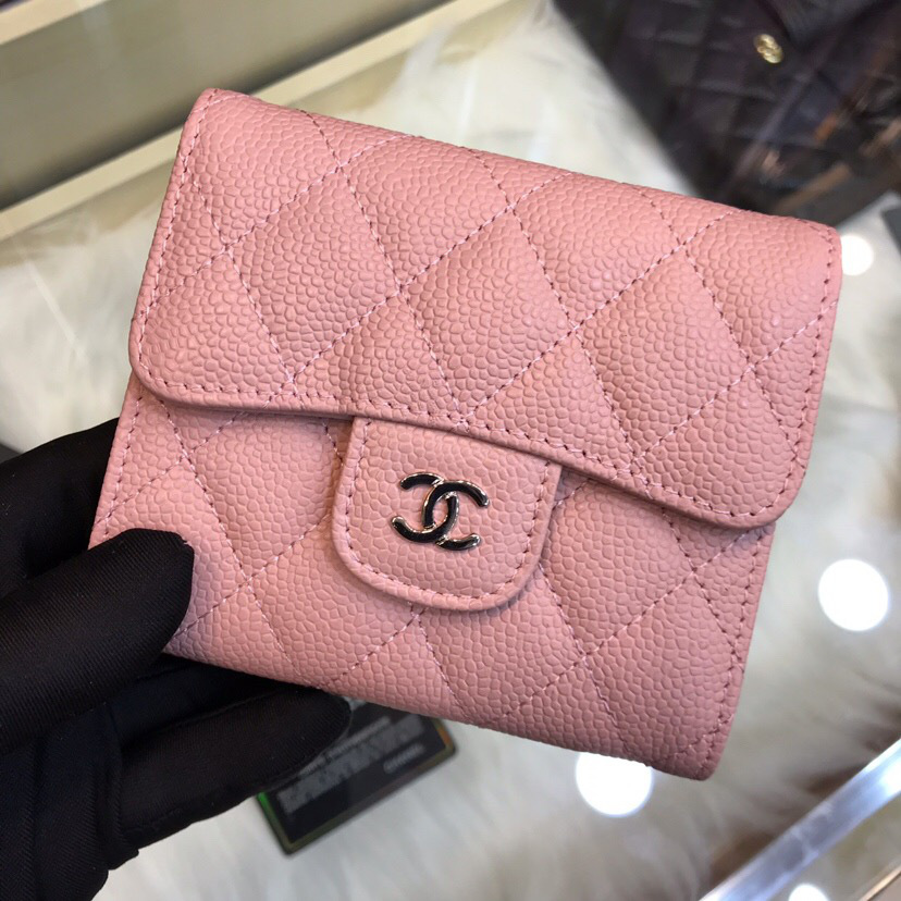 Ch**el Calfskin Leather Plain Folding Pink Wallets with Silver Hardware