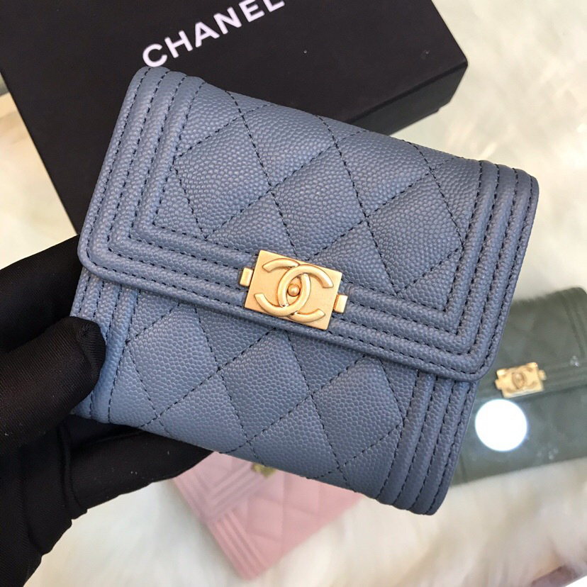 Ch**el Lebay Calfskin Leather Plain Folding Light Blue Wallets