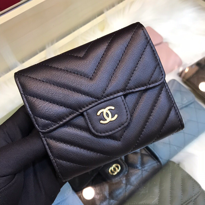Ch**el Calfskin Leather Plain Folding Black Wallets