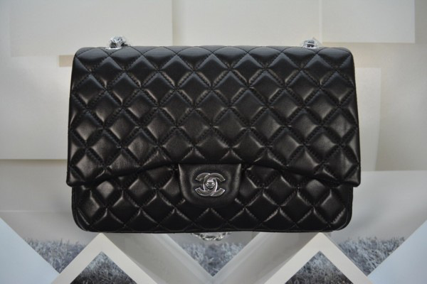 Ch**el Lambskin Flap Bag in Black 33cm with Silver Hardware