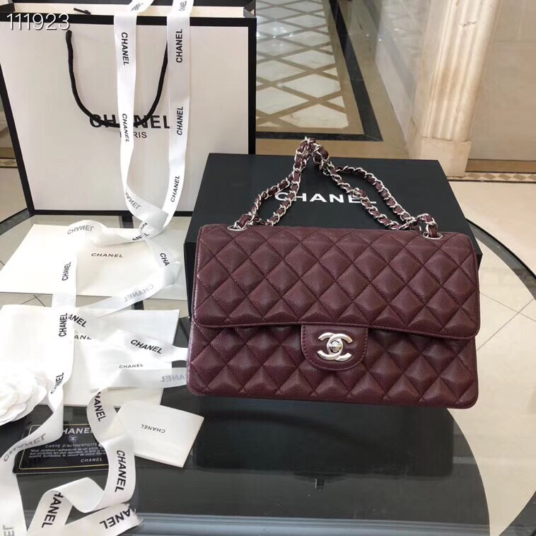 Ch**el Flap Bag Caviar in Wine Red 25cm with Silver Hardware