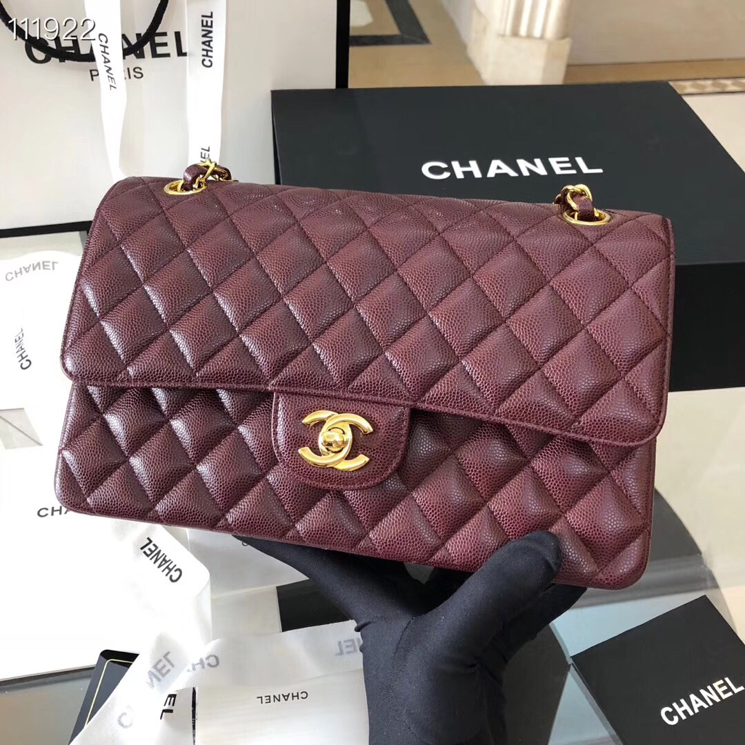 Ch**el Flap Bag Caviar in Wine Red 25cm with Gold Hardware