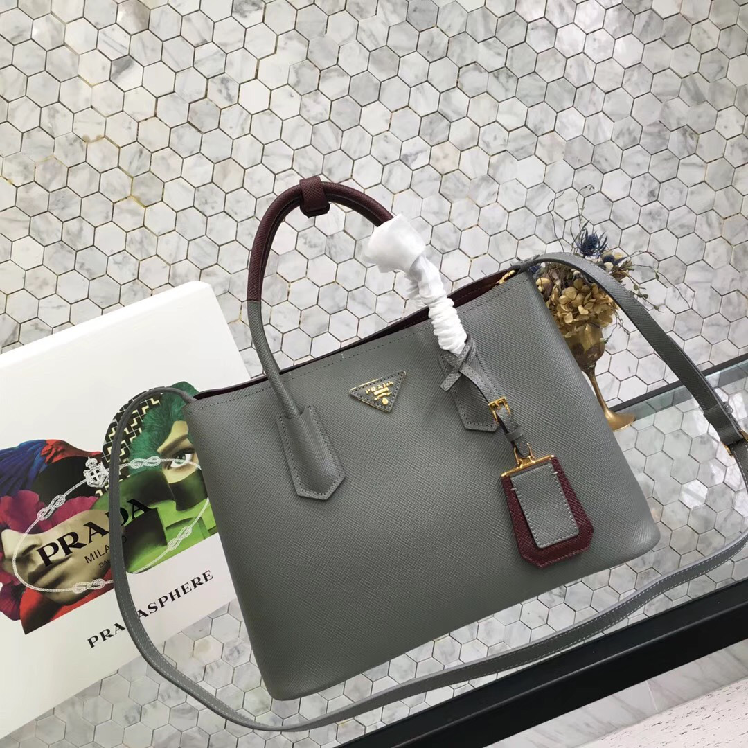Pra*a Saffiano Cuir Small Double Leather Bag in Gray with red