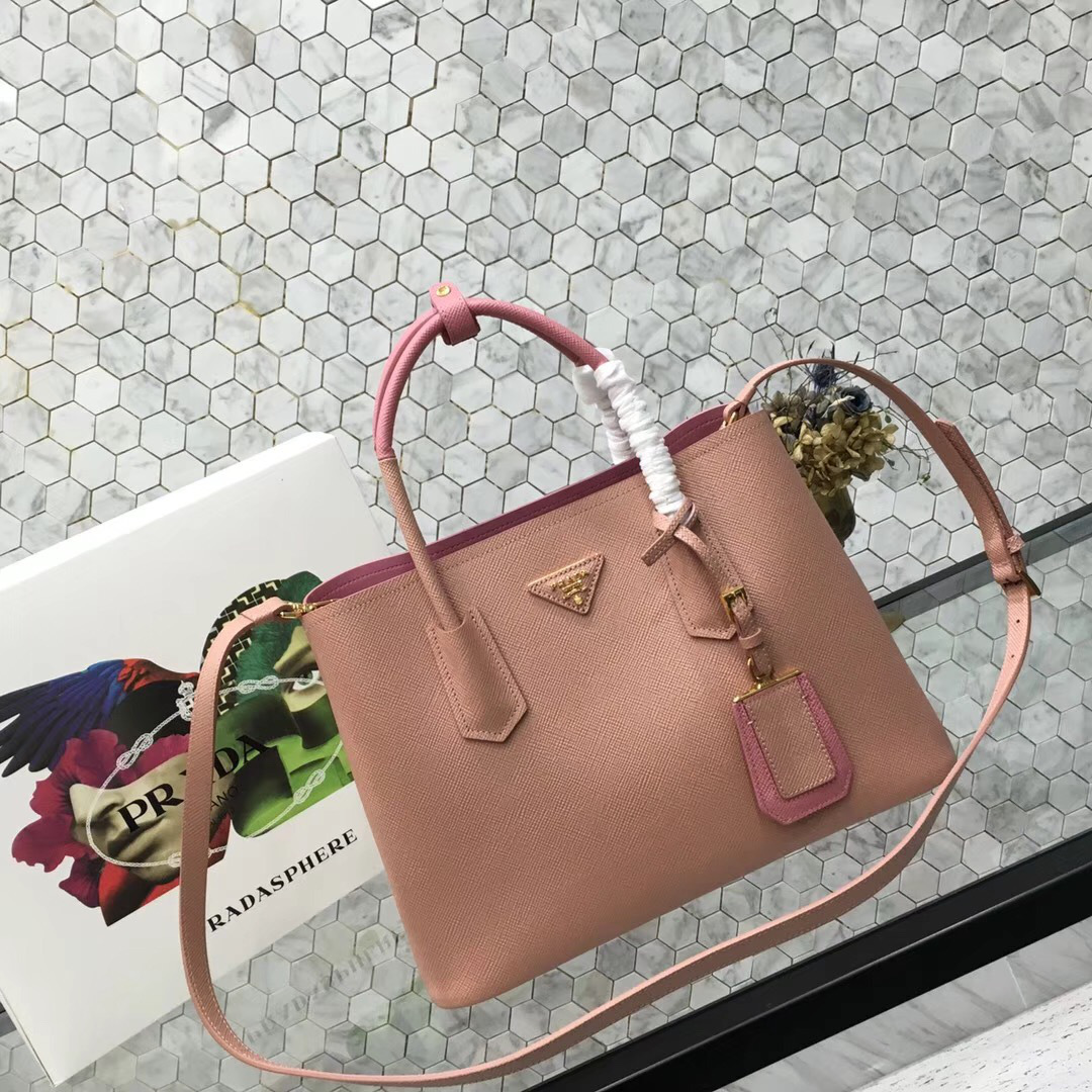 Pra*a Saffiano Cuir Small Double Leather Bag in Sakura Pink