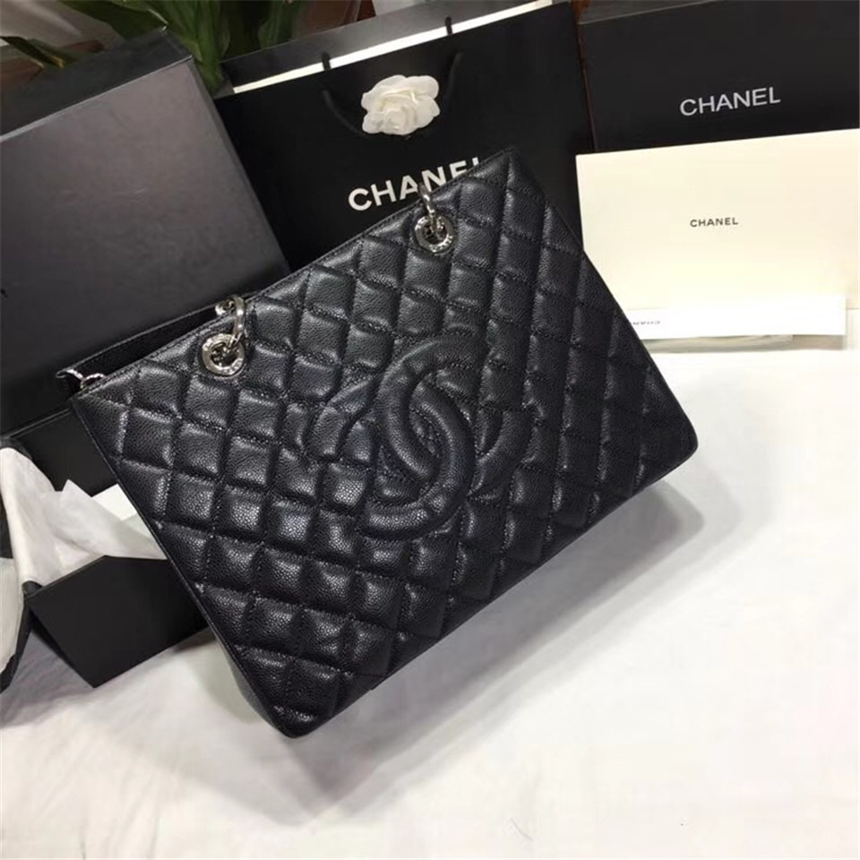 Ch**el original caviar calfskin shopping tote black bag with silver hardware