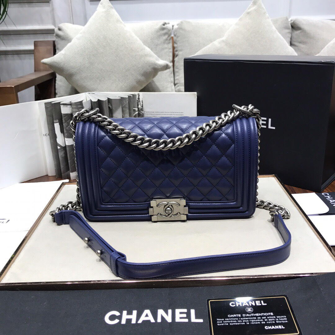 Ch**el Leboy lambskin Bag in Navy Blue With Silver Hardware 67086