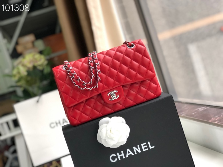 Ch**el Flap Bag 25cm Red Silver Hardware Bagsaa