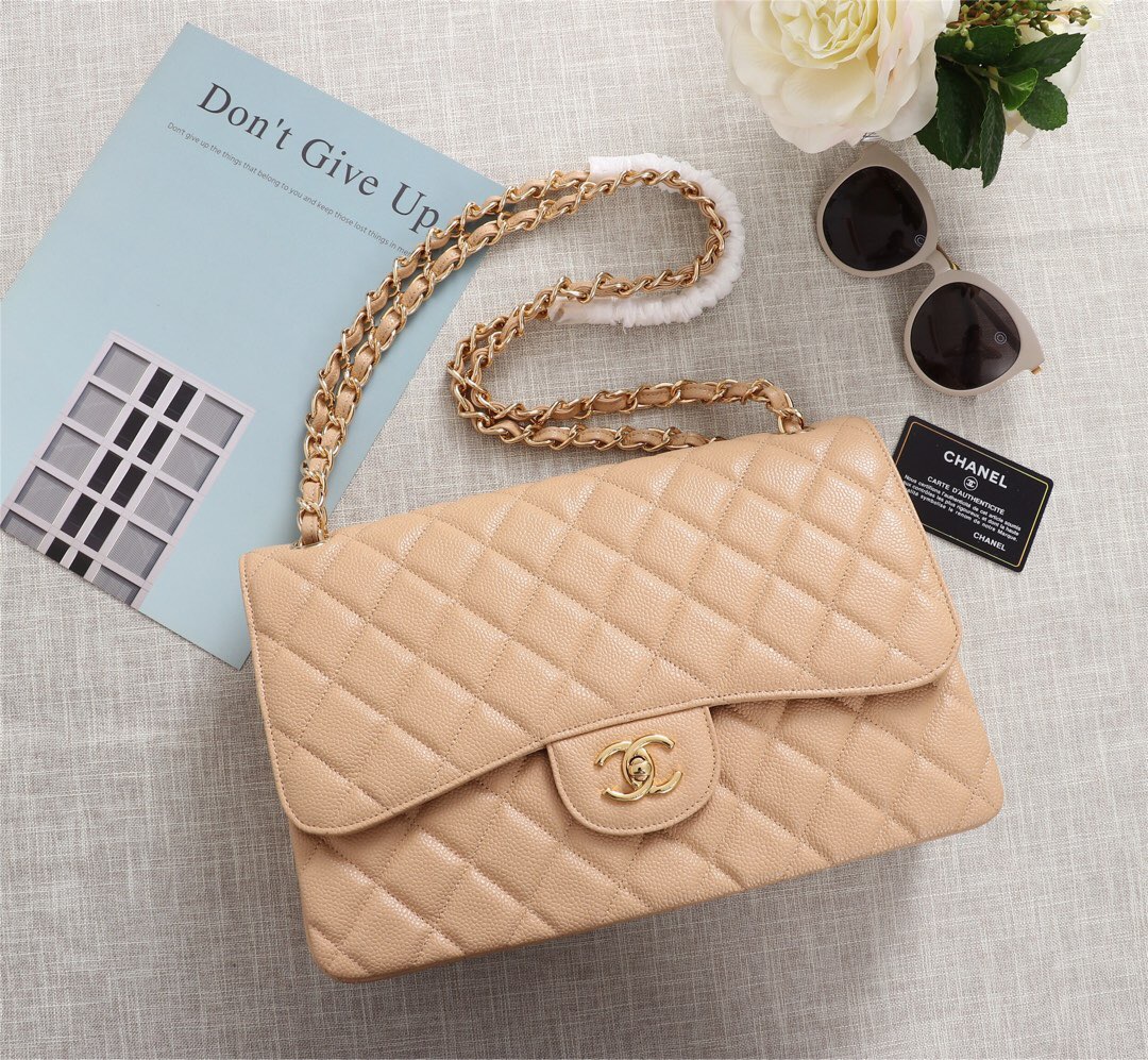 Ch**el Flap Bag 1113 30cm Cavier Apricot Gold Hardware