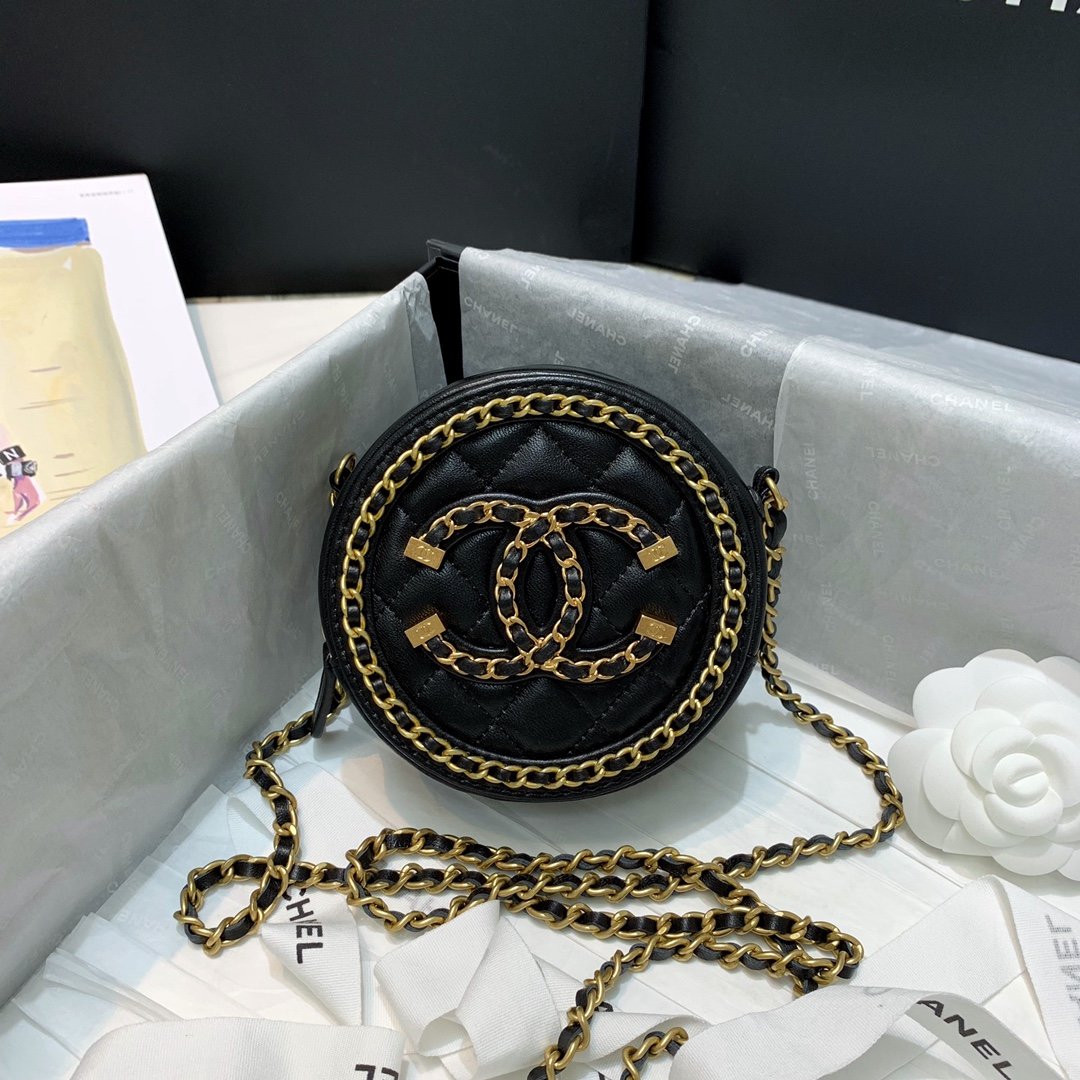 Ch**el Round Chain Bag 12cm Black