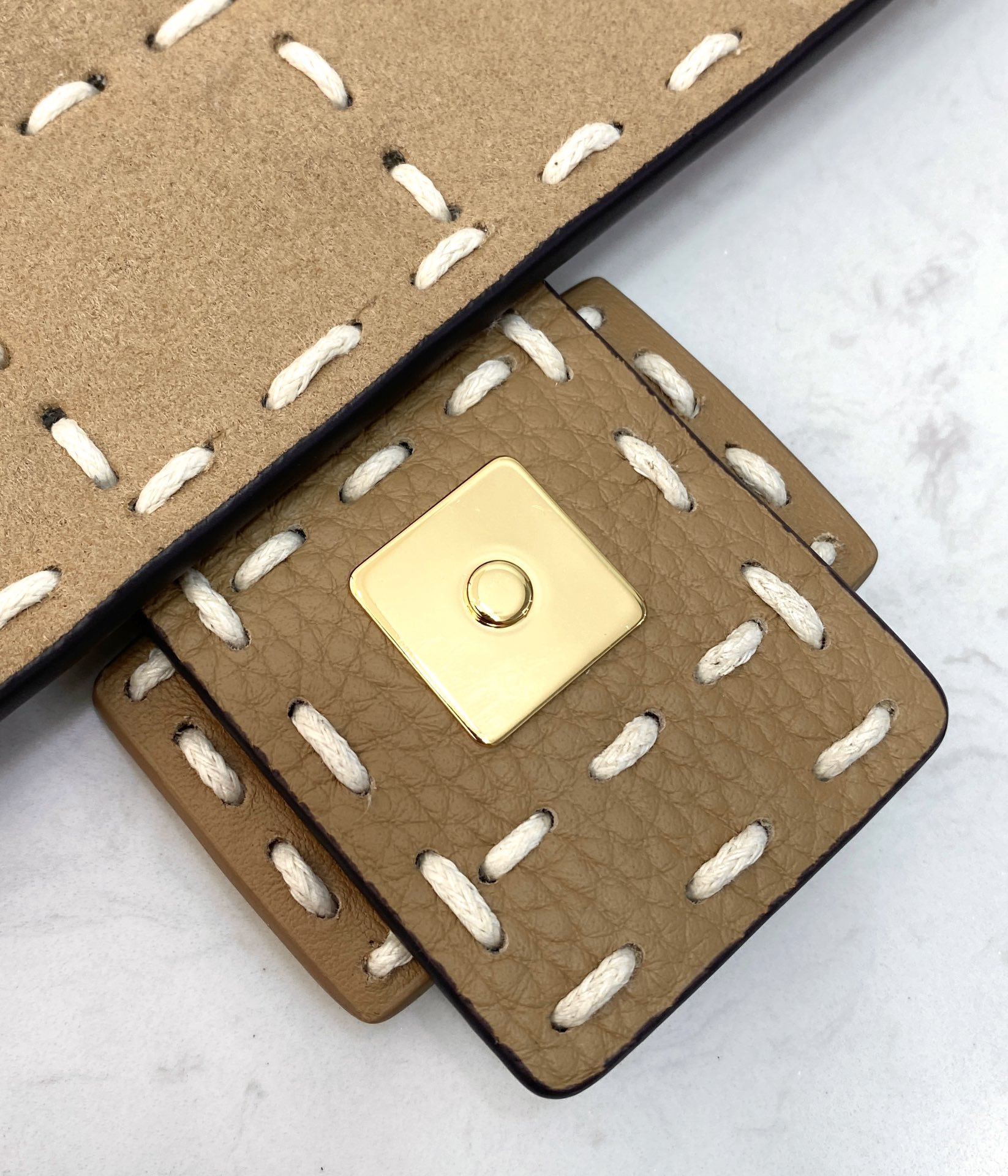 F**di Baguette Crossbody Beige Sheepskin Bag