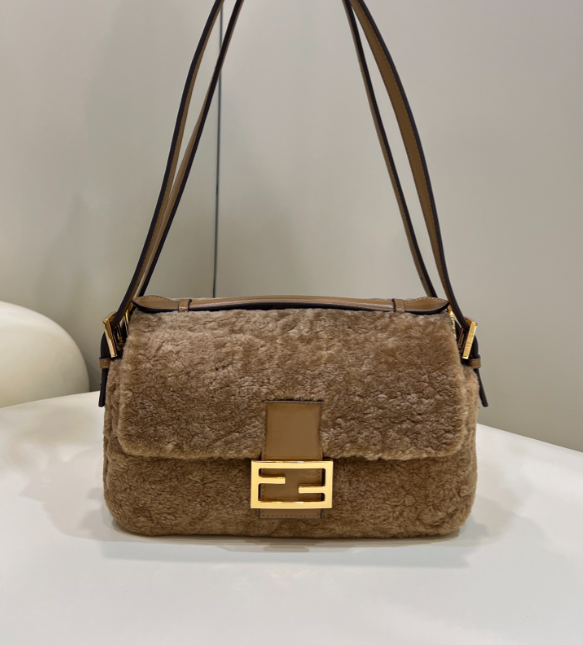 F**di Baguette Crossbody Beige Sheepskin Bag Brown