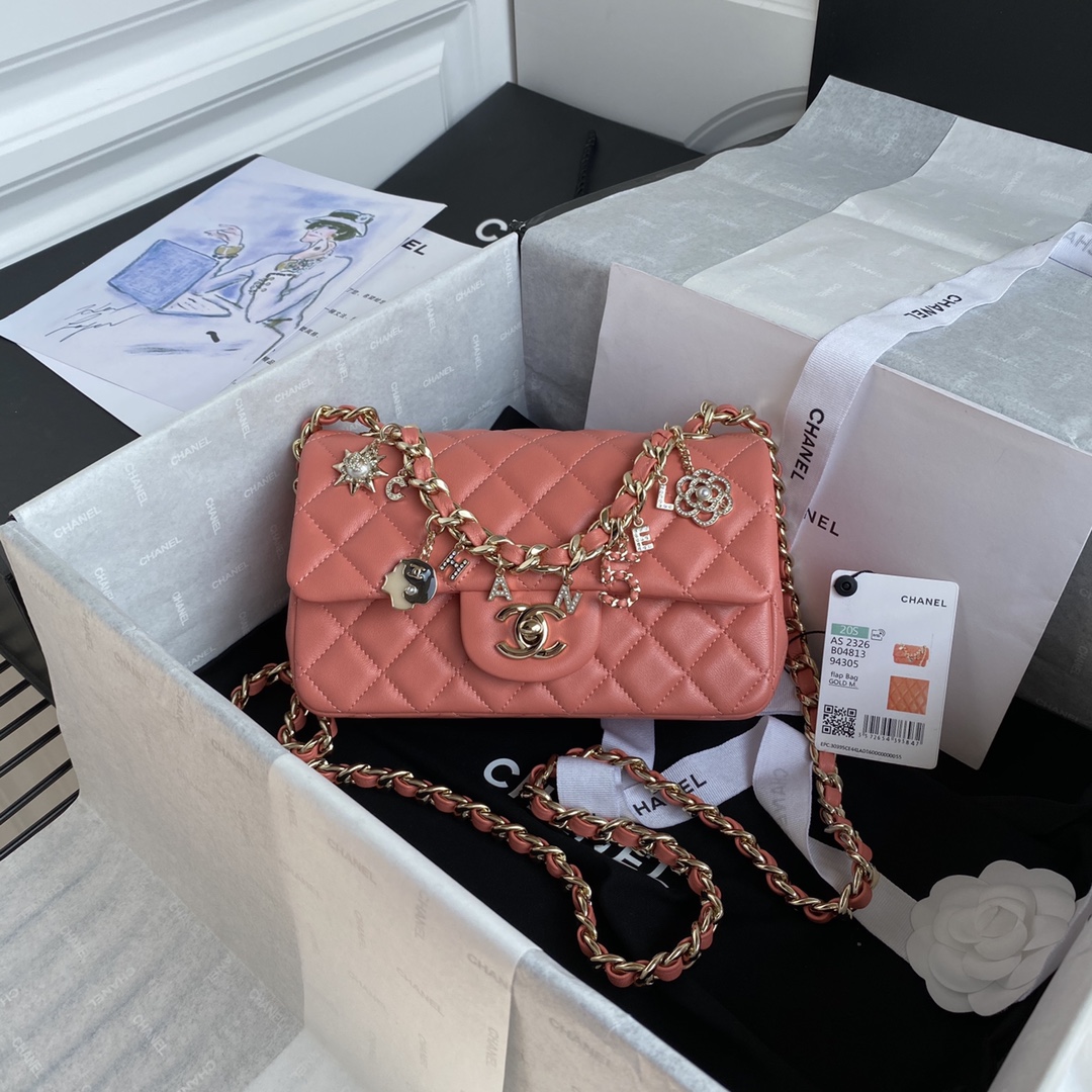 Bagsaaa Ch**el Charm Flap Bag Light Orange - 20cm