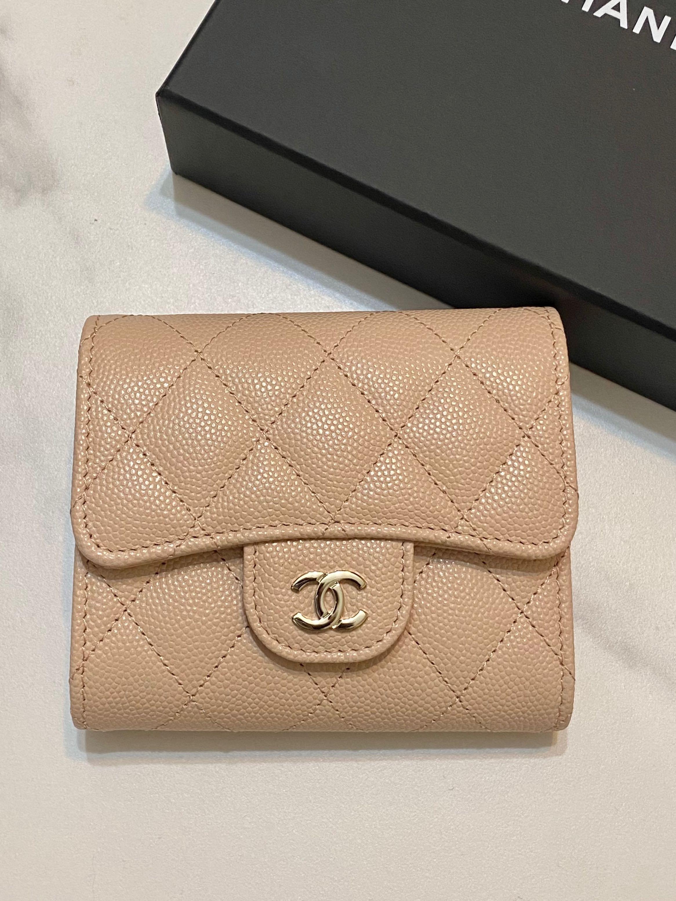 Bagsaaa Ch**el Calfskin Leather Plain Folding Beige Wallets with Gold Hardware - 11.5x10.5x3cm