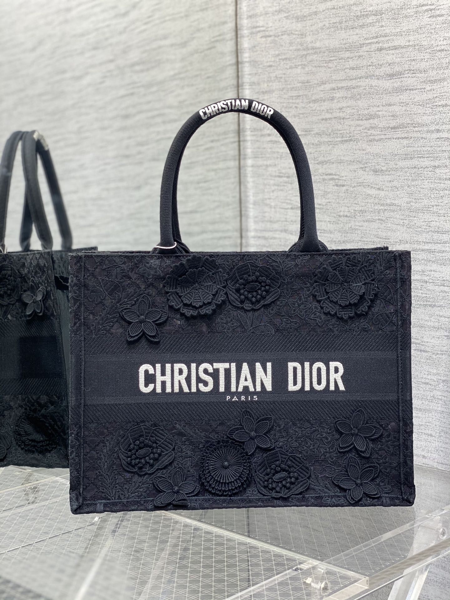 Bagsaaa D10r Medium Book Tote Black Multicolor D-Lace Embroidery with 3D Macramé Effect (36 x 27.5 x 16.5 cm)