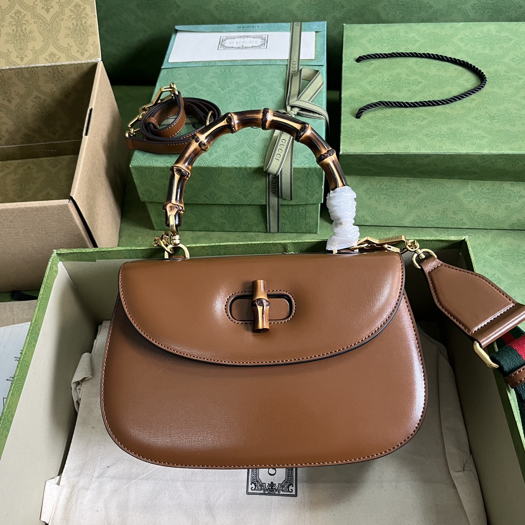 Bagsaaa Bamboo 1947 Medium Top Handle Brown Leather Bag - 26x17x9cm