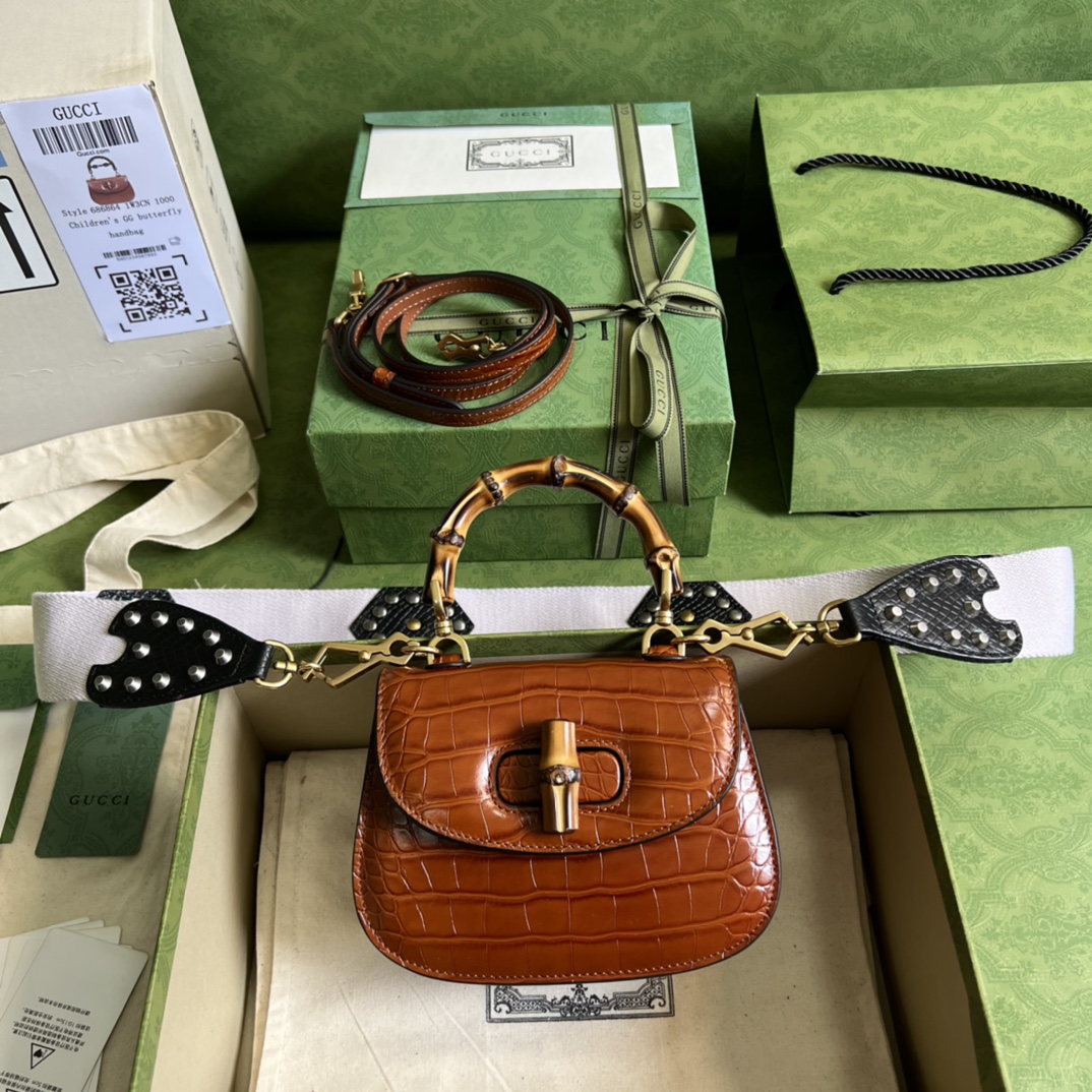 Bagsaaa Bamboo 1947 Mini Top Handle Brown Crocodile Leather Bag - 17x12.5x8cm