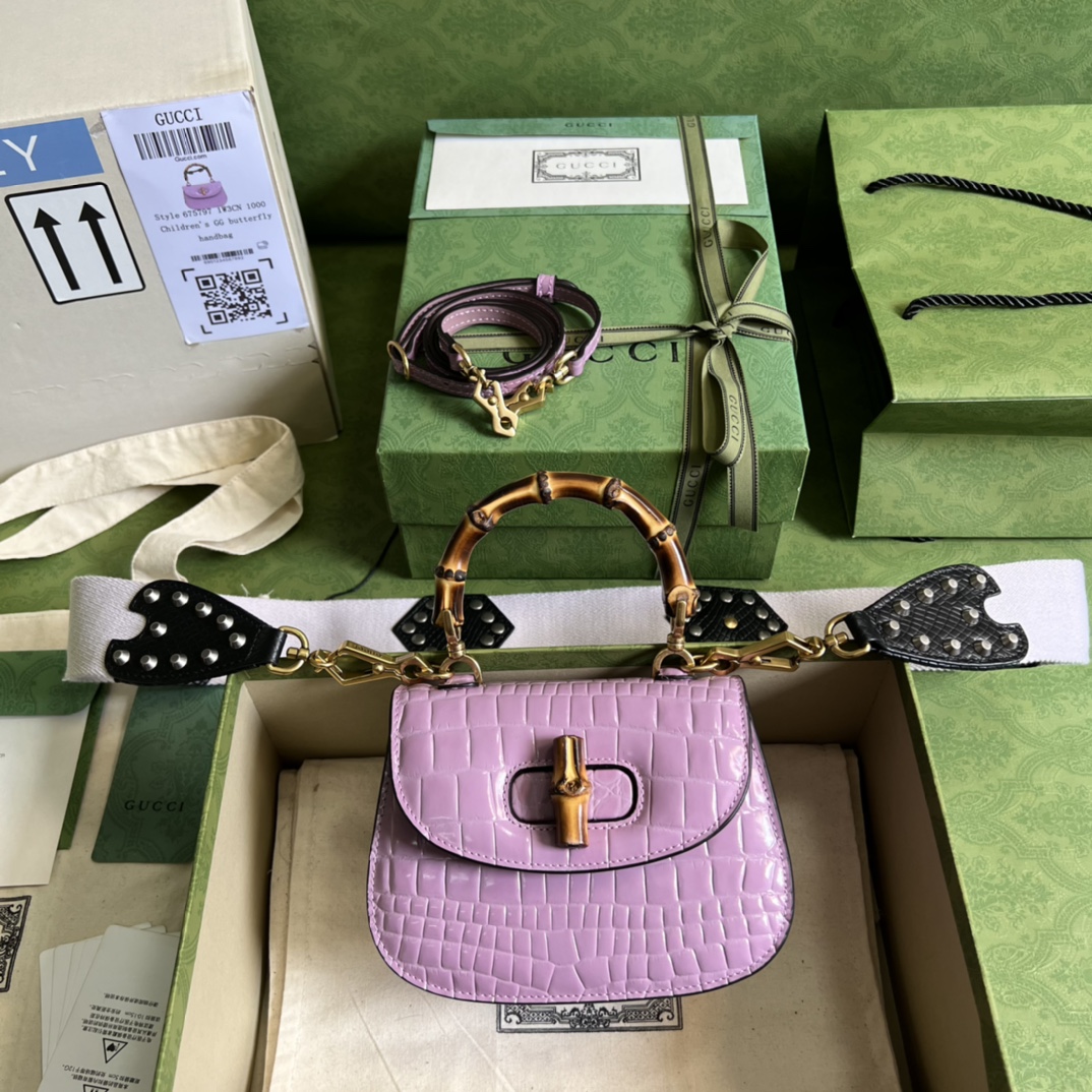 Bagsaaa Bamboo 1947 Mini Top Handle Purple Crocodile Leather Bag - 17x12.5x8cm