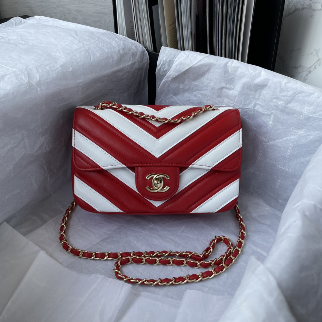 Bagsaaa Ch**el Flap Bag Chevron Red and White - 20*13*5cm
