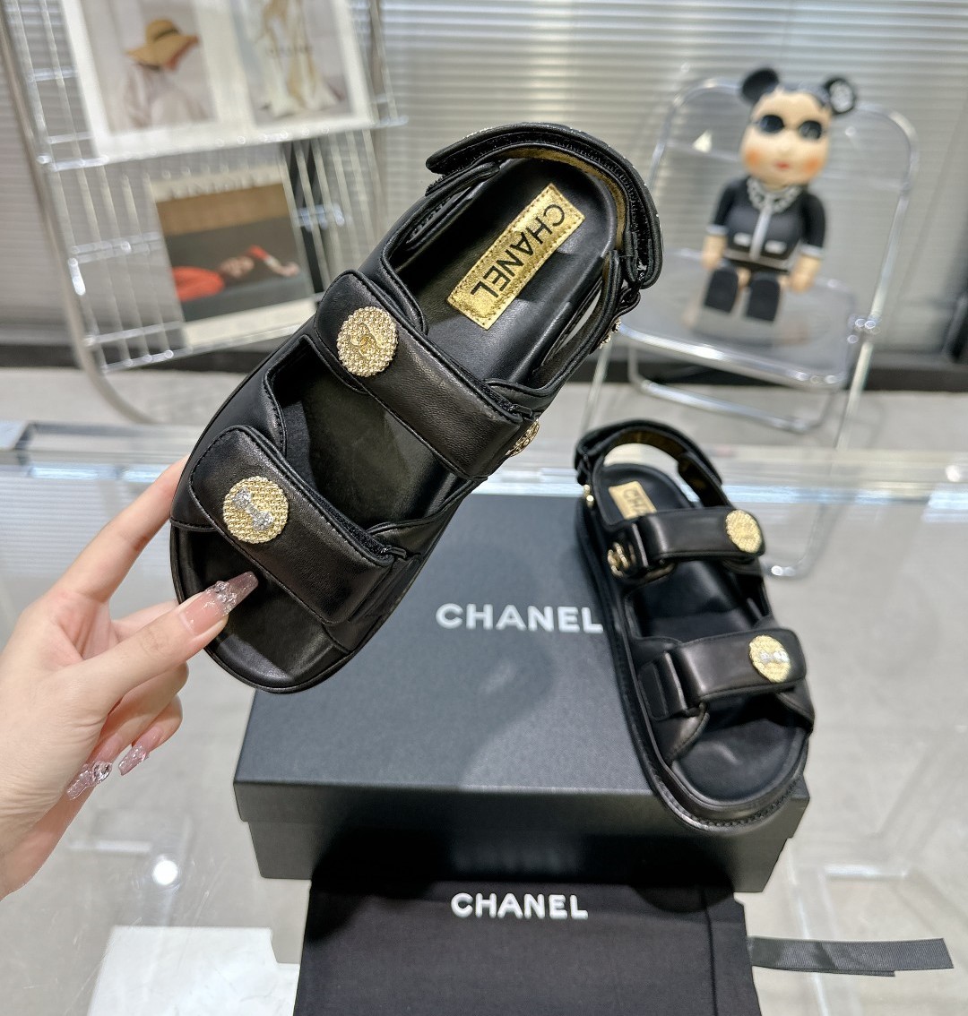 Bagsaaa Ch**el Sandals Lambskin Leather Black