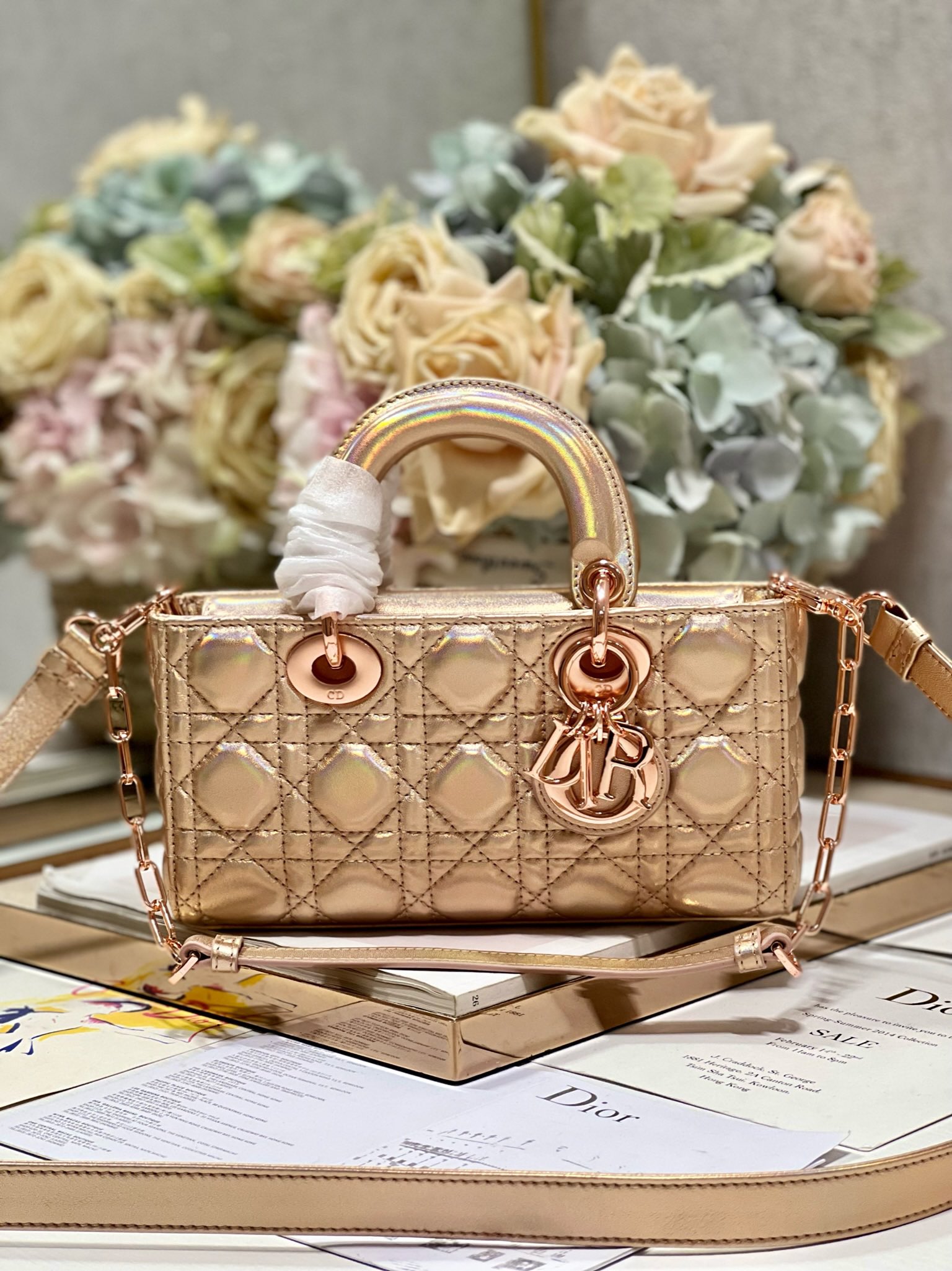 Bagsaaa D10r Lady D-Joy Gold Rose Iridescent Metallic Cannage Lambskin - 22 x 12 x 6 cm