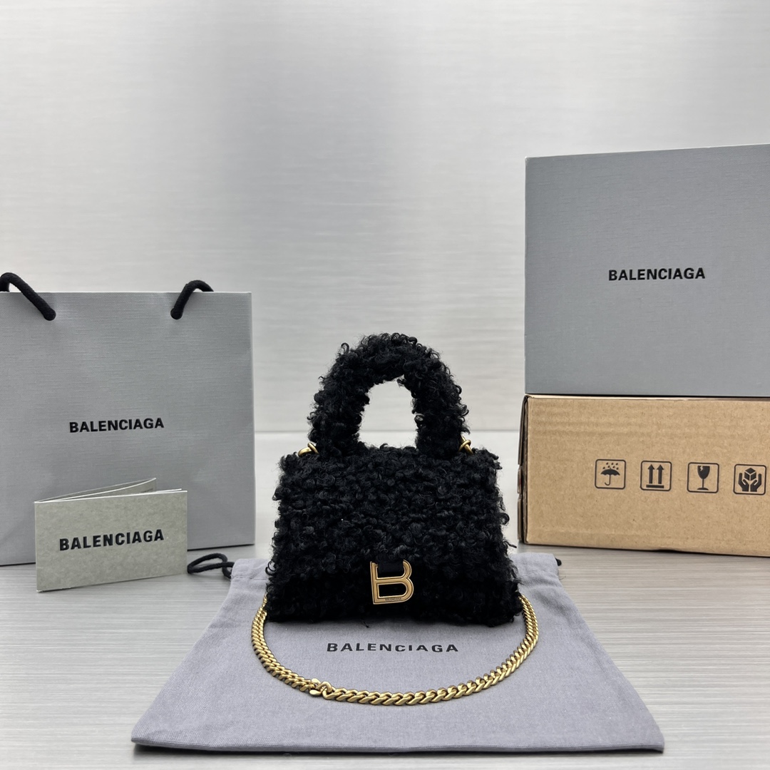 Bagsaaa Ba1en*iaga Mini Hourglass Furry Black Bag - 11.5x14x4.5cm