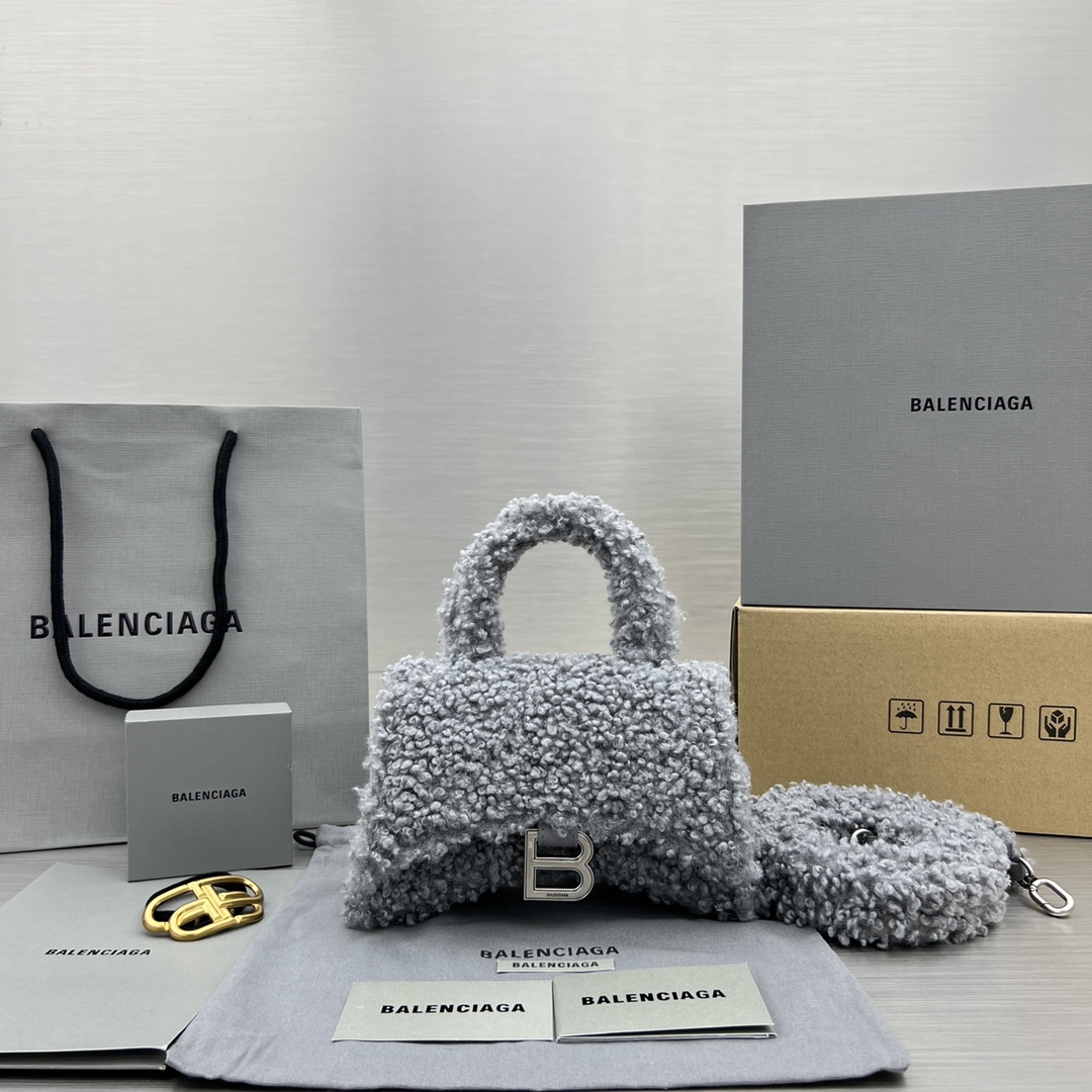 Bagsaaa Ba1en*iaga XS Hourglass Furry Grey Bag - 11.5x14x4.5cm