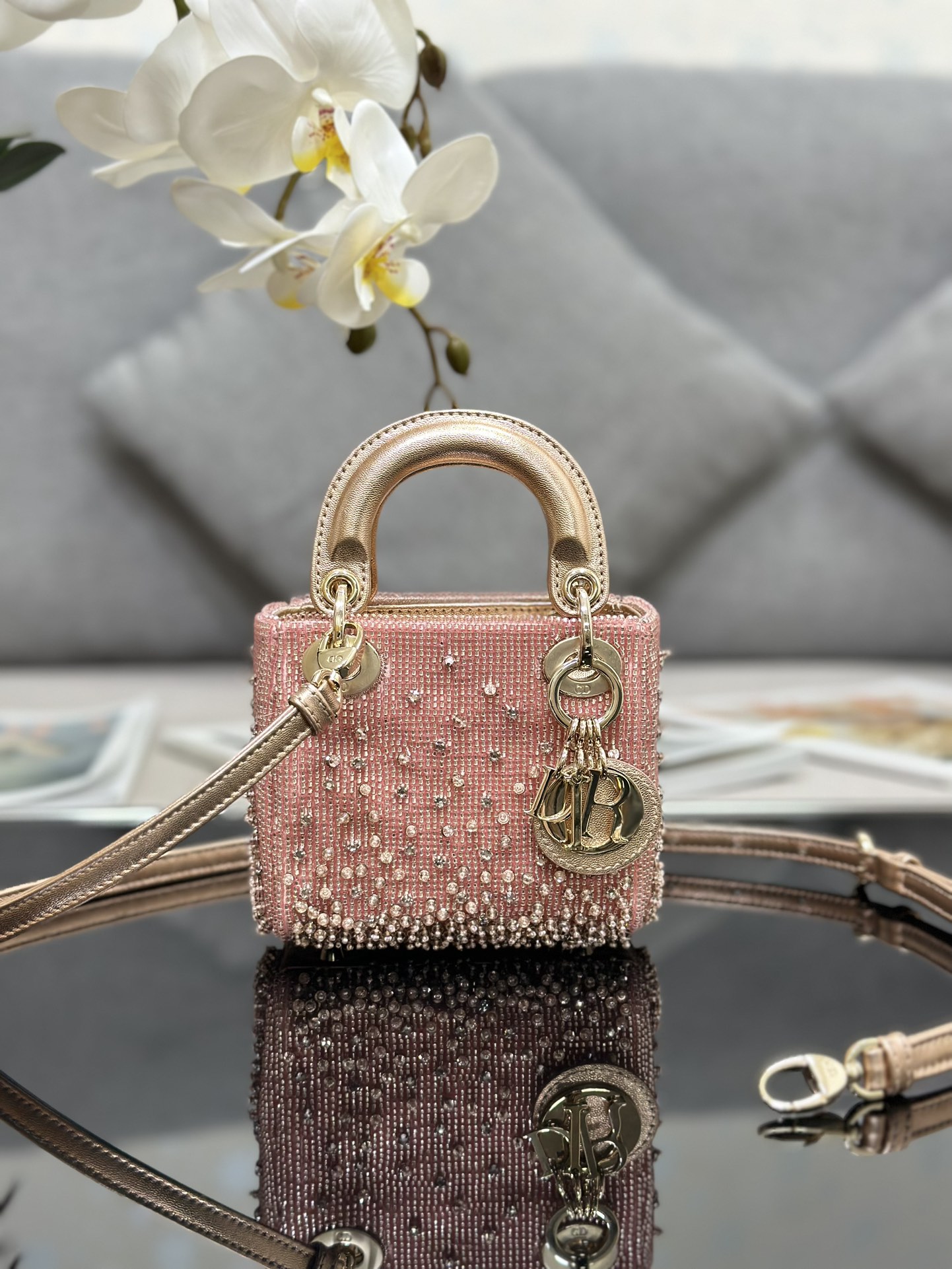 Bagsaaa D10r Lady Micro Pink-Tone Satin with Gradient Bead Embroidery 12 x 10.2 x 5cm