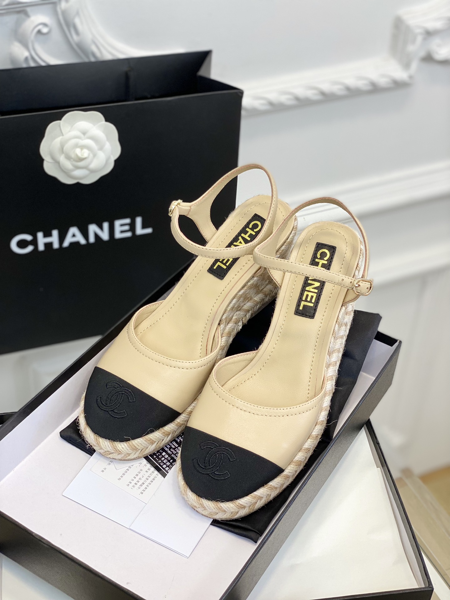 Bagsaaa Ch**el Ankle Strap Wedge Espadrilles Beige Leather