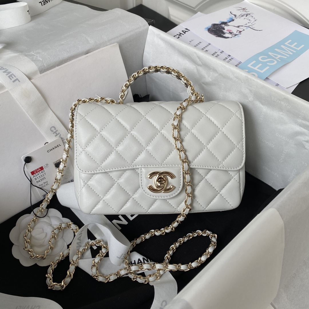 Bagsaaa Ch**el Crystal Top Handle Flap Bag White 18cm