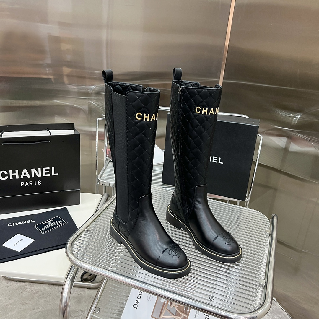 Bagsaaa Ch**el Chelsea Black Leather Long Boots