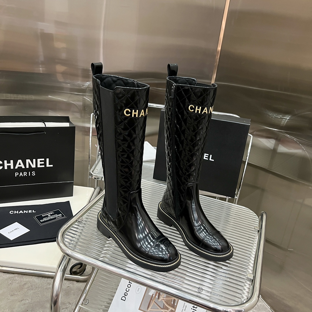 Bagsaaa Ch**el Chelsea Black Patent Leather Long Boots