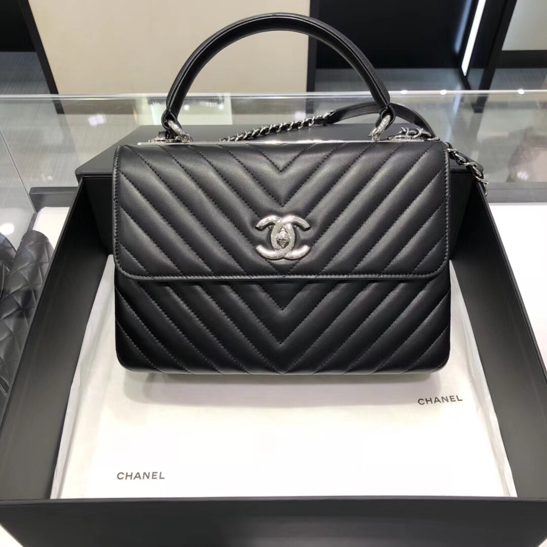 Bagsaaa Ch**el Trendy CC Chevron Black Leather Silver Hardware