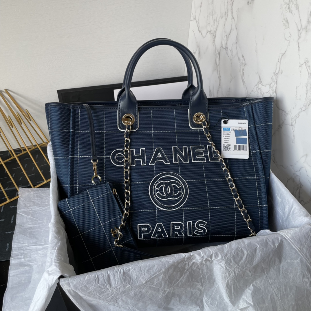 Bagsaaa Ch**el Medium Deauville Dark Blue Tote 36cm
