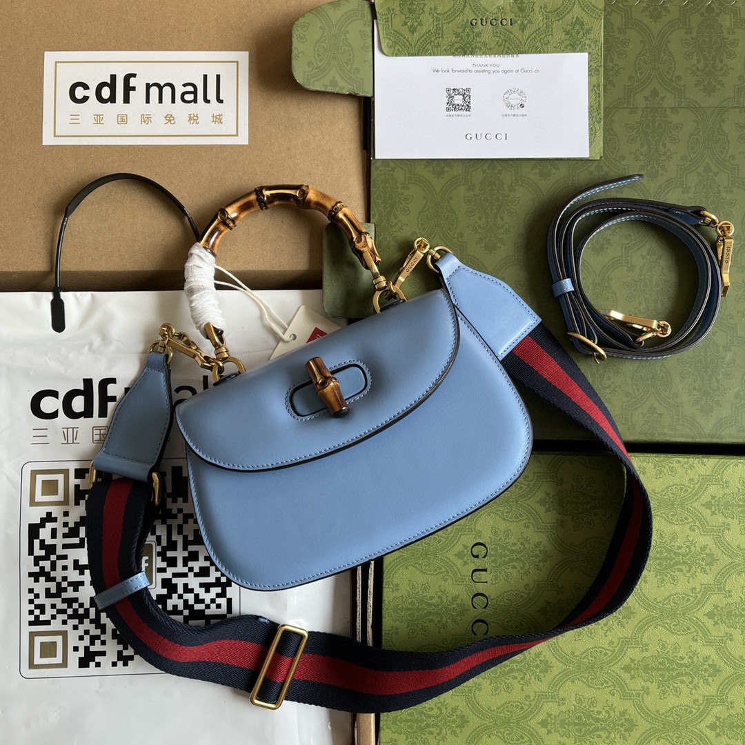 Bagsaaa Bamboo 1947 Top Handle Blue Leather Bag - 21*15*7cm