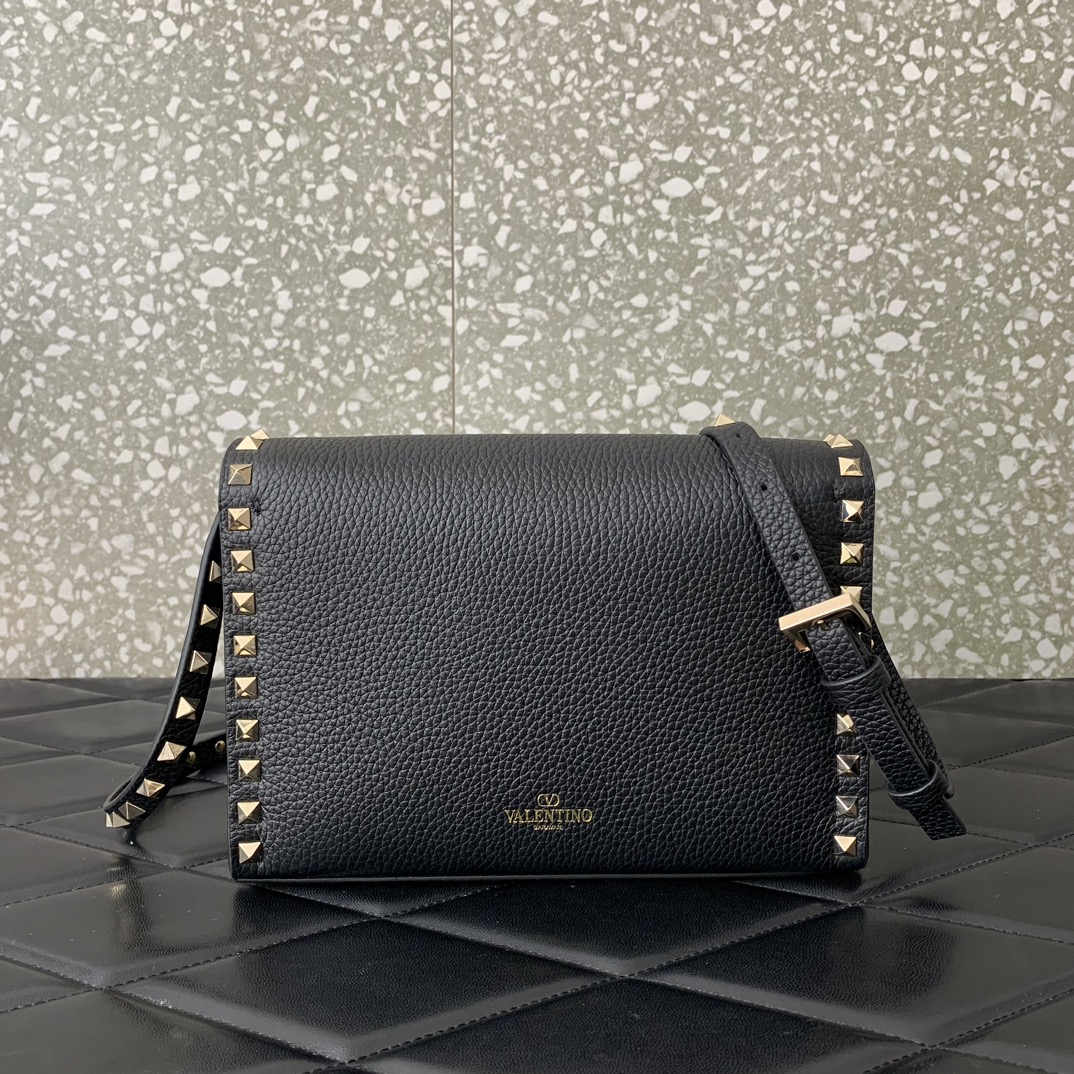 Bagsaaa Va1e*ntin0 Garavani Small Rockstud Leather Shoulder Black Bag - 22.5*15.5*6cm 