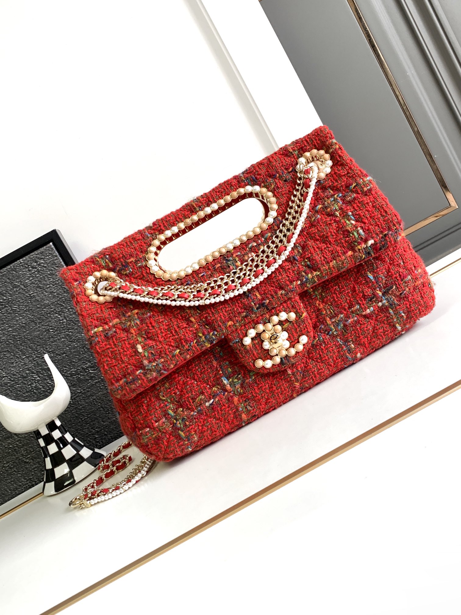 Bagsaaa Ch**el Double Flap Bag with Cut Out Handle and Multi Chain Red Tweed - 29x19x9cm