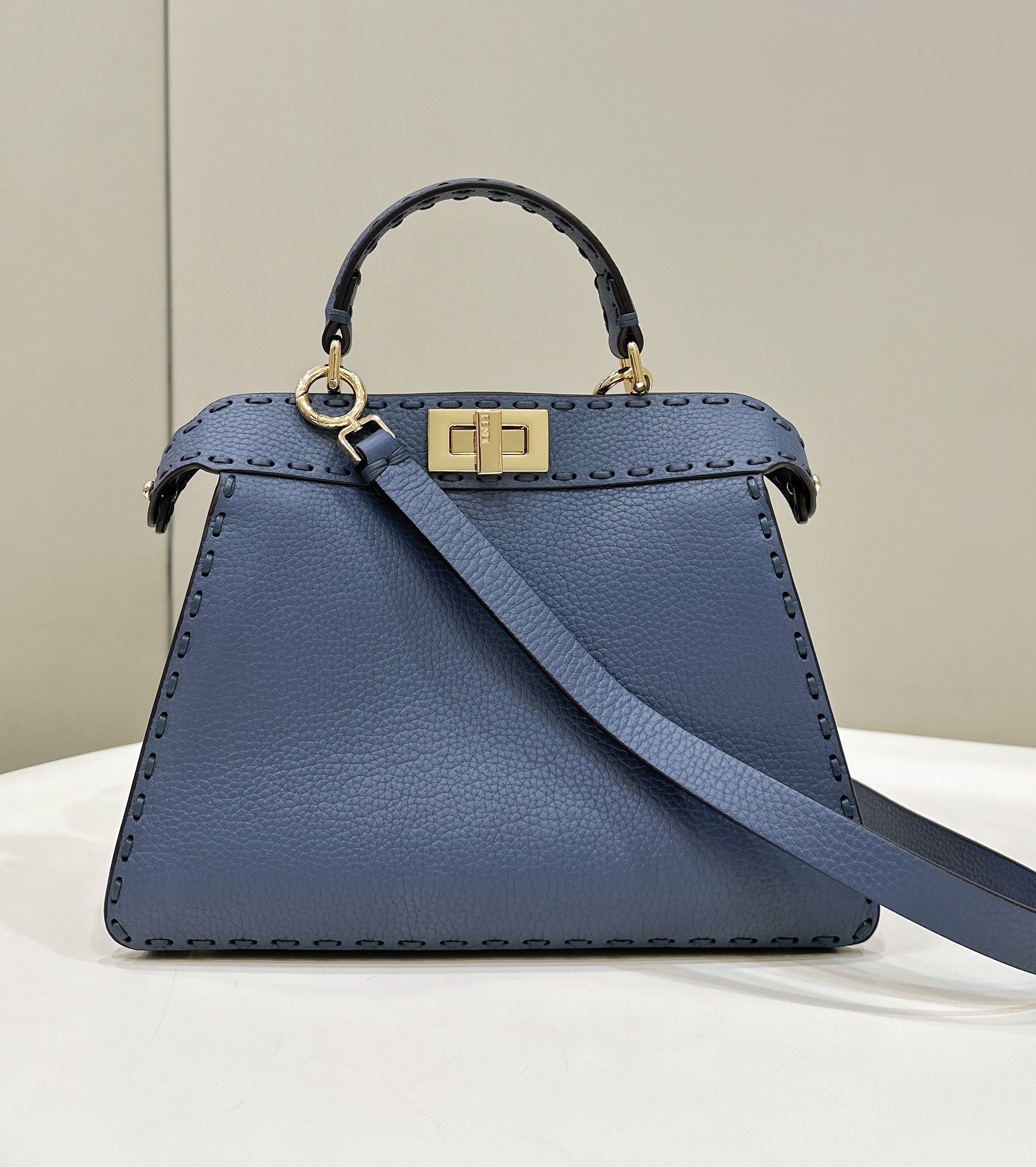 Bagsaaa F**di Peekaboo ISeeU Small Midnight blue Selleria bag with oversized topstitching