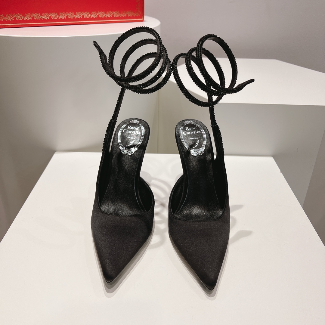 Bagsaaa Rene Caovilla Cleo All Black Satin Pump 105mm