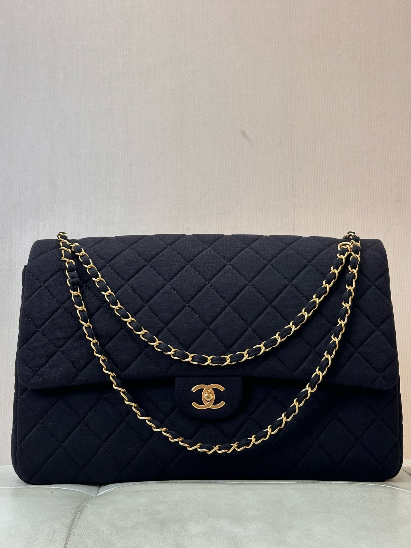 Bagsaaa Ch**el Jersey Quilted XL Jumbo Flap Black