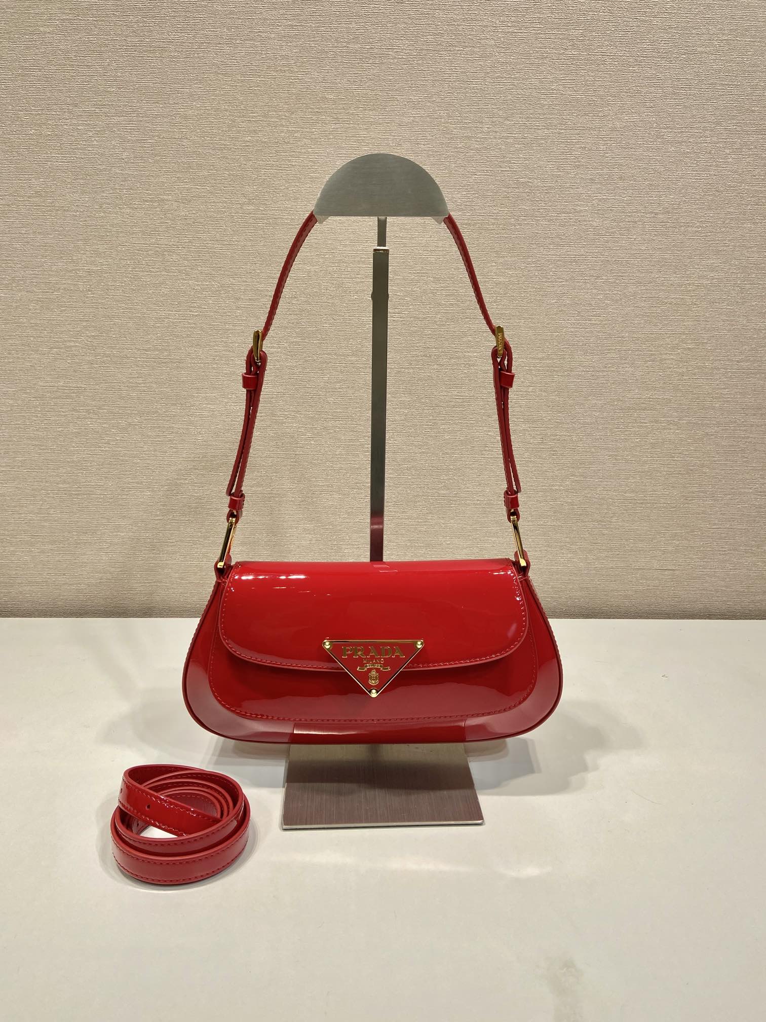 Bagsaaa Pra*a Cherry Red Patent Leather Shoulder Bag - 24*11*4cm