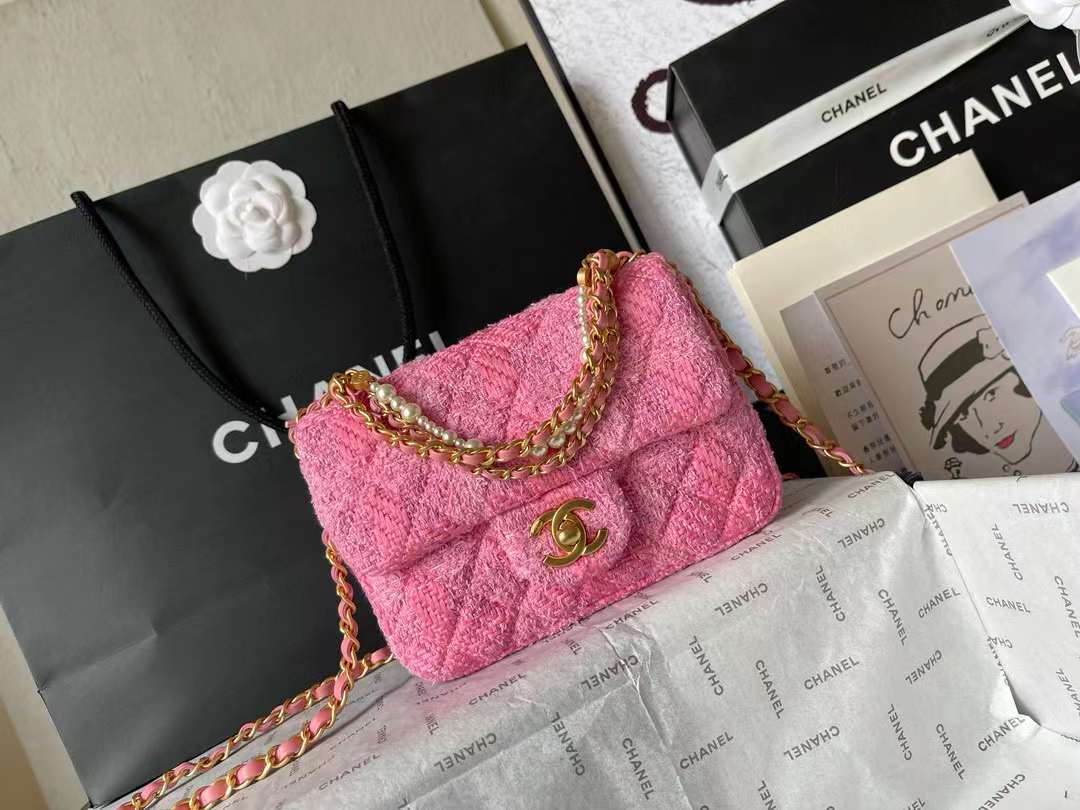 Bagsaaa Ch**el Mini Flap Bag AS4385 Pink Tweed - 12.5 × 17 × 5 cm