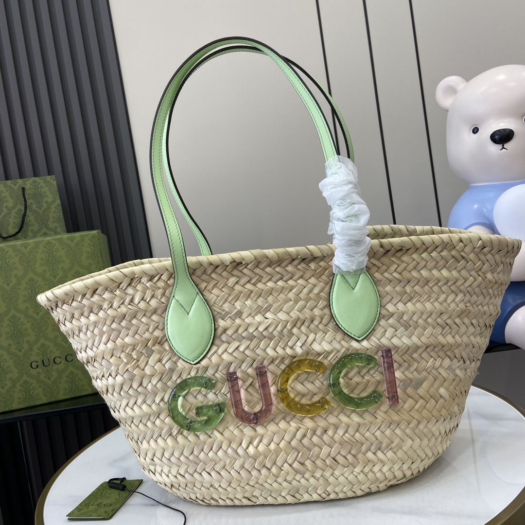 Bagsaaa Gvc*1 Small Straw Tote With Gvc*1 Logo 779524 Pale Green - 26 x 22.5 x 18 cm