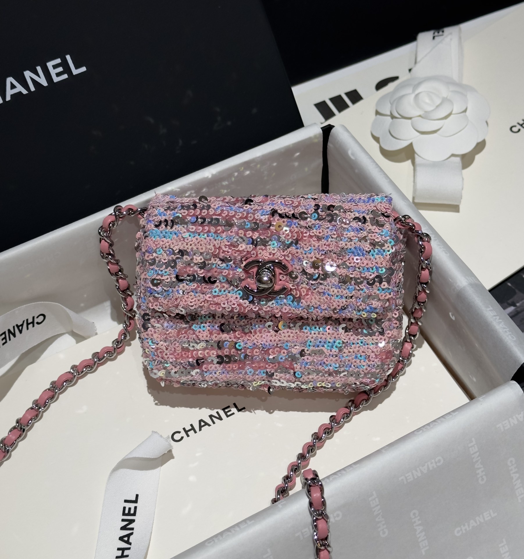 Bagsaaa Ch**el Mini Flap Bag Sequins Pink & Silver - 13x10cm