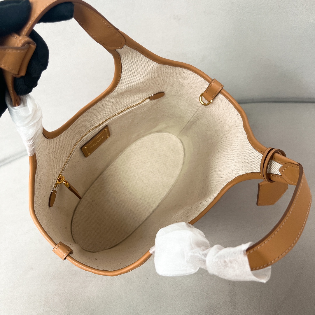 Bagsaaa Pra*a Medium linen blend and leather tote bag - 28*22.5*12.5cm