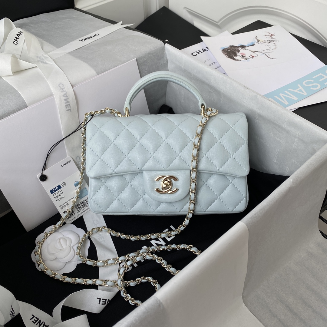 Bagsaaa Ch**el Mini Classic Handbag With Top Handle AS2431 Light Blue - 12 × 20 × 6 cm