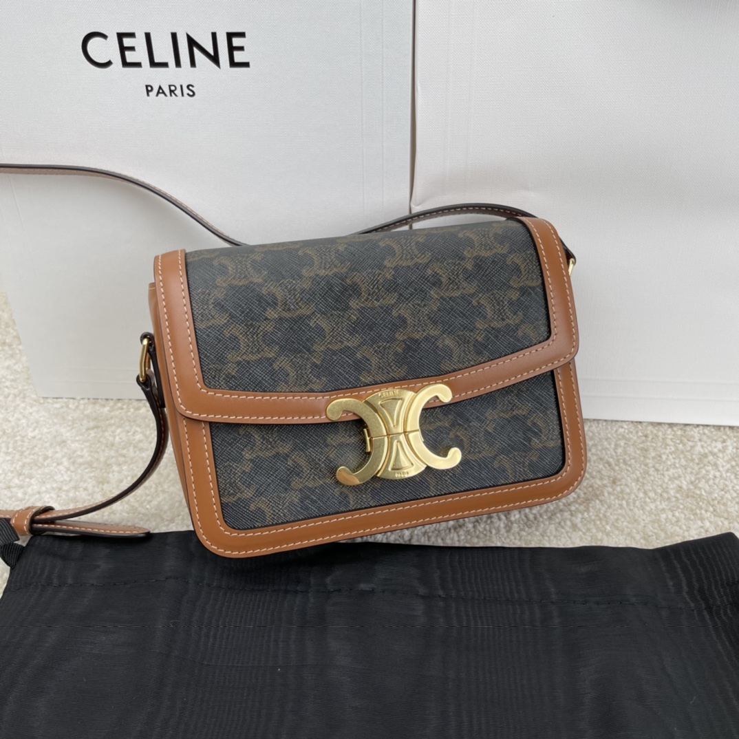Bagsaaa Ce1i*e Teen Triomphe Bag in Triomphe Canvas and Calfskin Brown - 18.5 x 13.5 x 7 CM