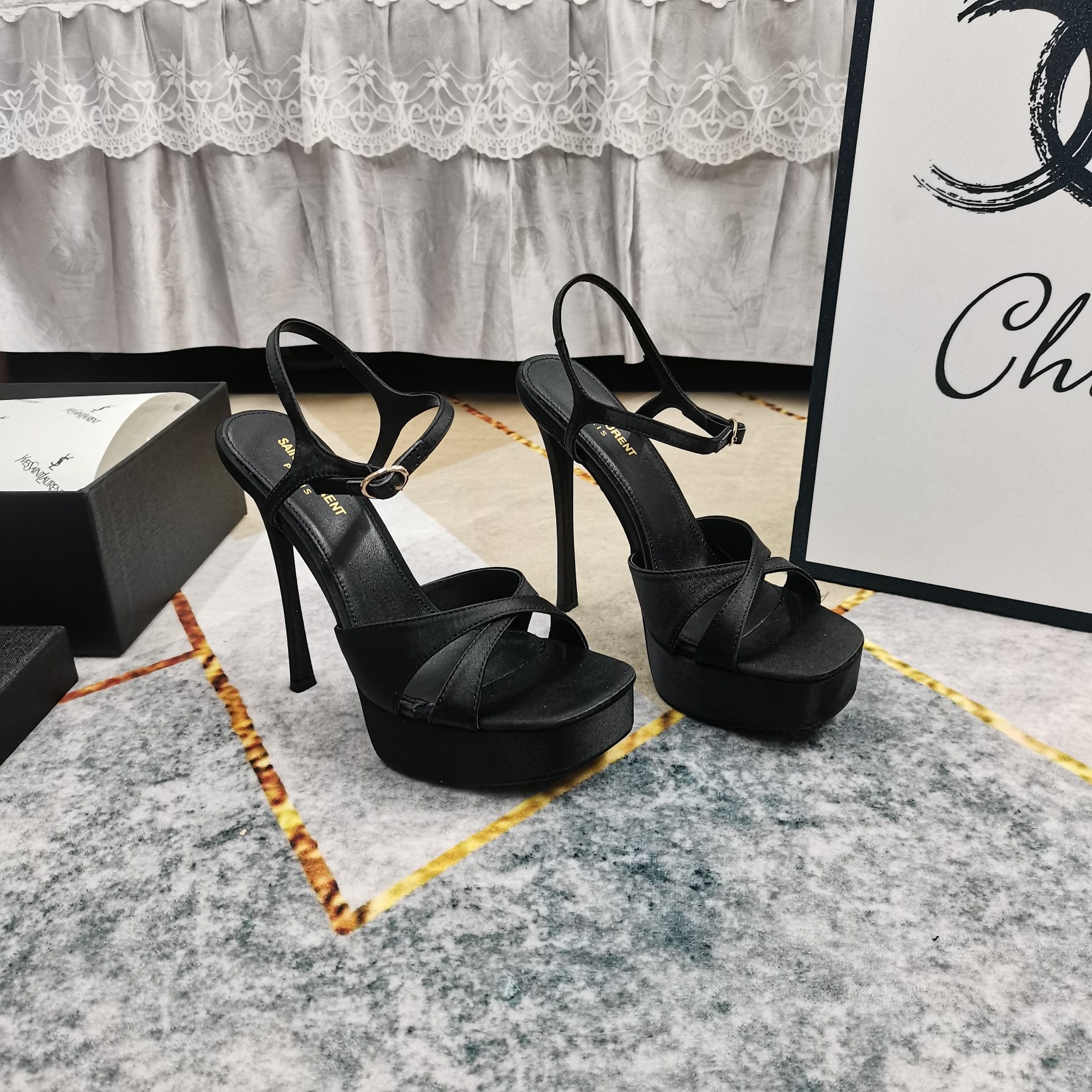 Bagsaaa Y51 Debbie Platform Sandals In Satin Crepe Black