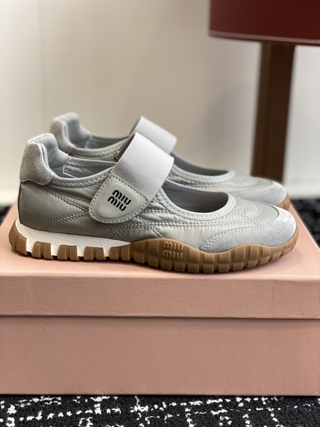 Bagsaaa Miu Miu Tyre technical fabric and suede ballerinas gray